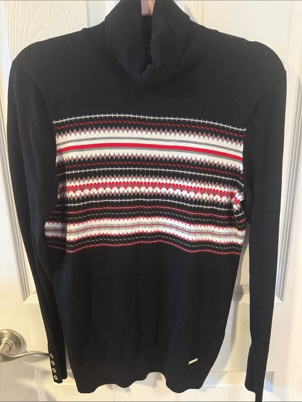 TOMMY HILFIGER~Black Turtleneck Sweater with Red and White Fair Isle Stripe